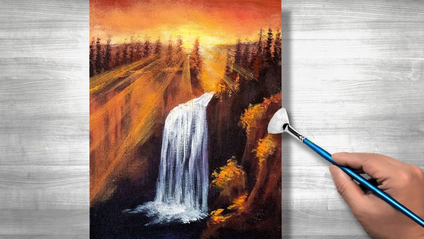 Sunrise waterfall painting | Acrylic painting | Daily art #240