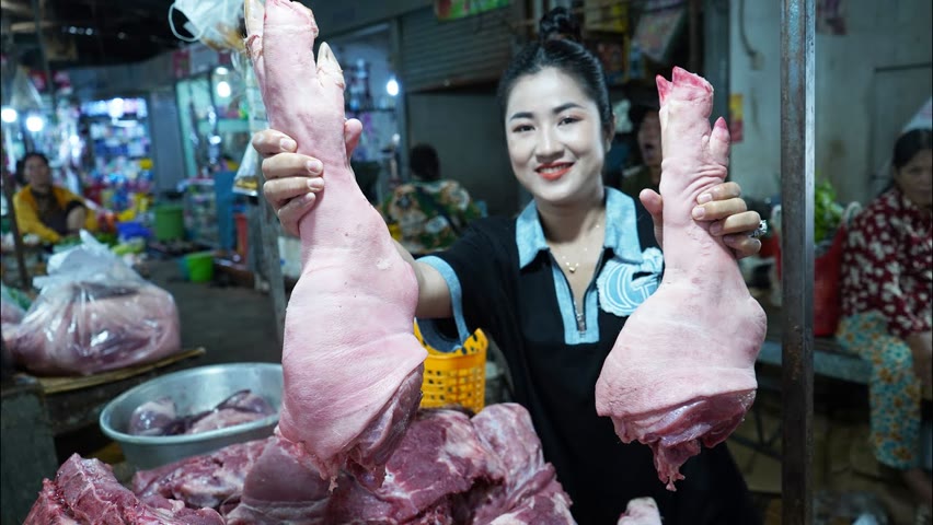 Market show, Pork legs with dried banana blossom cooking / Yummy pork legs recipe