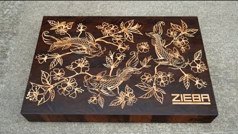Koi fish cutting board / butcher block. Zieba board #3. Cnc inlay. Wood inlay 4k video.