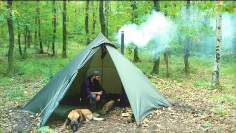 Hot Tent Camping in the Rain with my Dog | Stove Camp Cooking, Backpacking, Bushcraft Skills