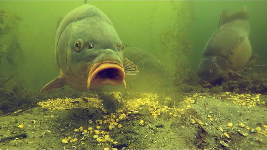 Underwater: Big carp eating corn