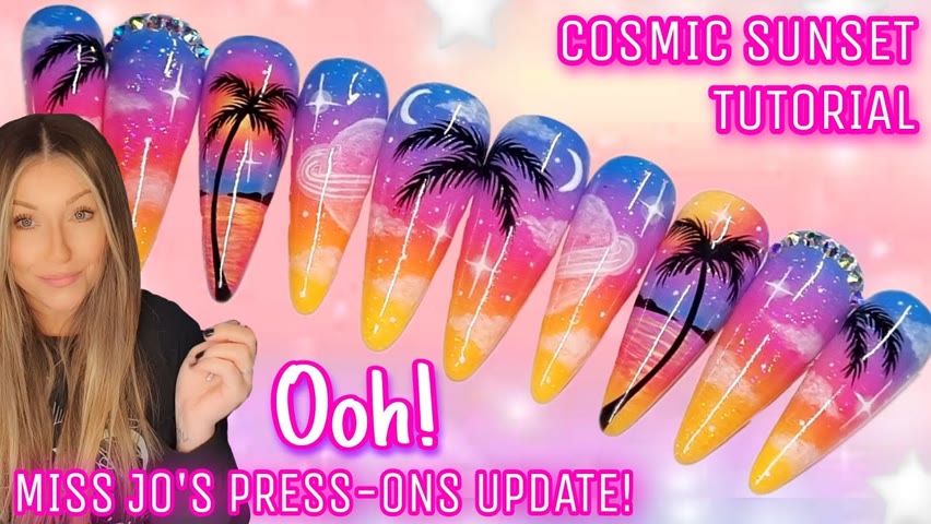 🌅 Cosmic Sunset Press-on Nails Design | Summer Nail Art | Ombre Palm Tree Cloud Galaxy | Miss Jo's
