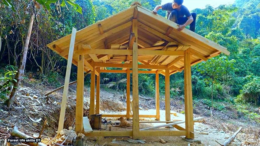 Making the wooden walls, finishing the roof, water pipeline to shelter - survival instinct | Ep