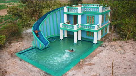 Build Best Design Custom Water Slide To Big Underground Swimming Pool Around Contemporary Mud Villa