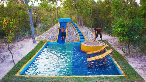 Build Water Well & Natural stone Water Slide Design To Underground Swimming Pool For Entertainment