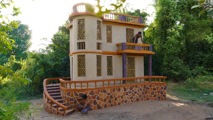 Building The Most Creative  Beautiful Luxury Two-Story  Mud Villa House By Jungle Design