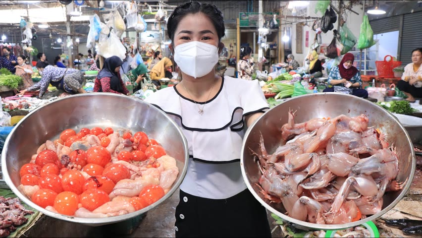 Market show, Yummy frog with duck ovary recipe / Frog rice porridge cooking