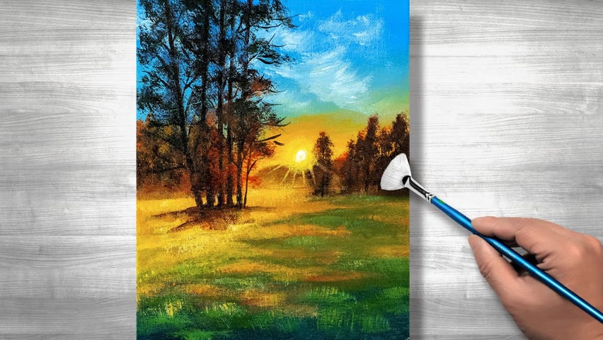 Sunset painting | Acrylic painting for beginners | step by step | Daily art #214