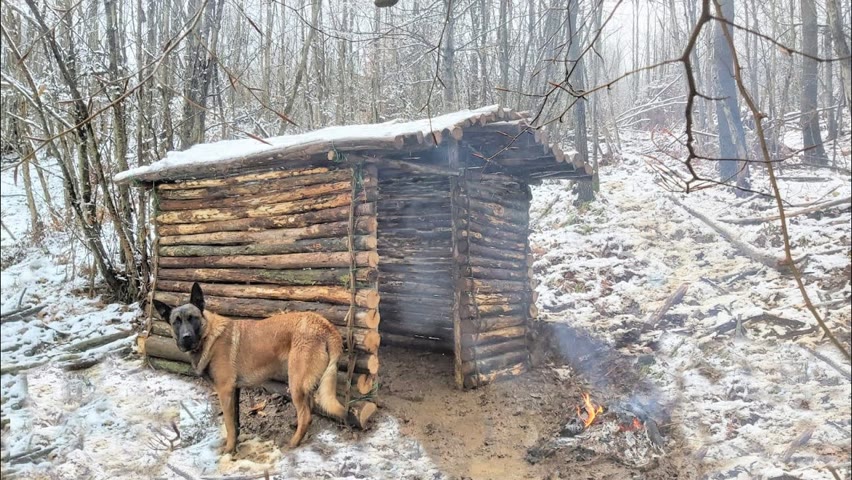 Winter Camping - Build Bushcraft Shelter, Survival Skills, Off Grid Tiny House, Log Cabin, Diy, Asmr