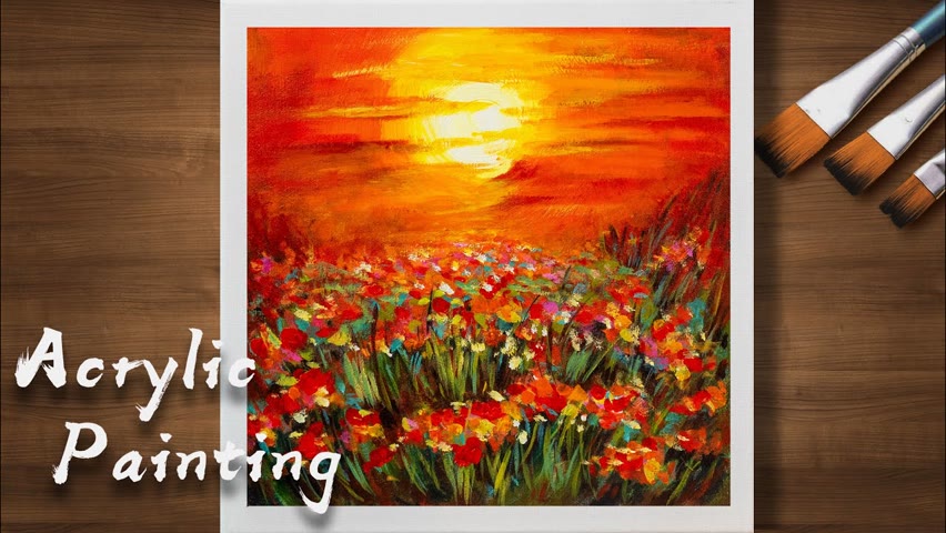 Acrylic Painting Tutorial For Beginners Landscapes/ Daily Art ＃79/ Flower Sunrise