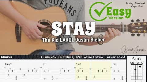 STAY (Easy Version) - The Kid LAROI, Justin Bieber | Fingerstyle Guitar | TAB + Chords + Lyrics
