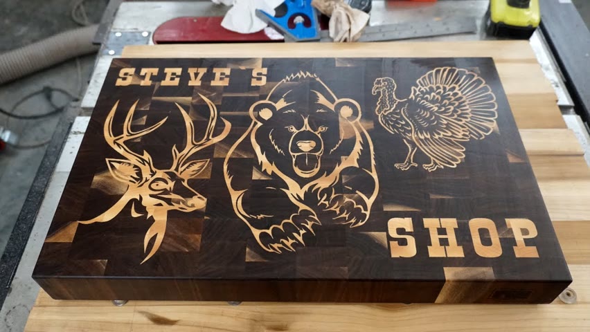 Steve`s shop cutting board / chopping board. Wood inlay. Cnc cutting board.  Inlay woodworking. 4K
