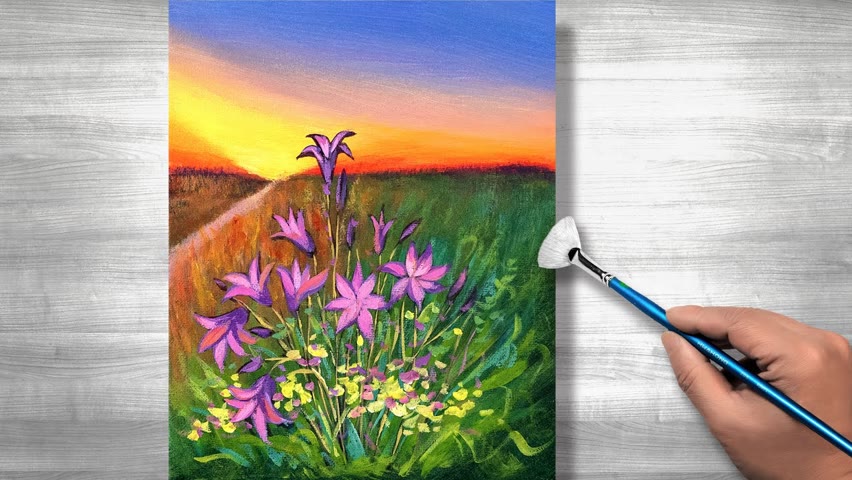 Sunset landscape painting | Acrylic painting tutorial | Daily art#252