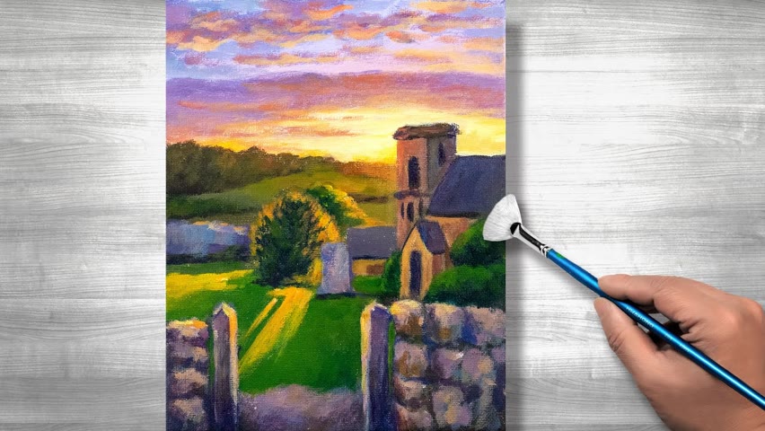 Sunset village painting | Acrylic painting | step by step #268