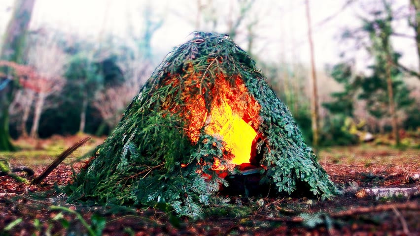 Building & Overnight in my Ultimate Bushcraft Shelter ~ FIREPIT Inside