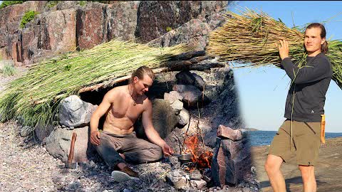 Summer Beach Bushcraft: Building a Roof for my Primitive Stone Shelter