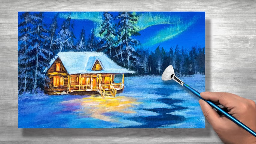 Easy acrylic painting christmas | aurora snow house | daily art #163
