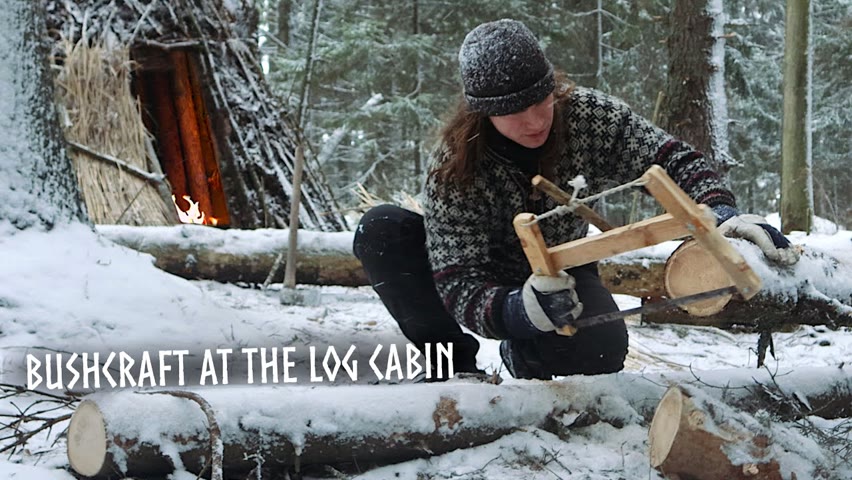Winter Buscraft Camp: Carving, Log Cabin Improvements & Chopping Firewood (ASMR)