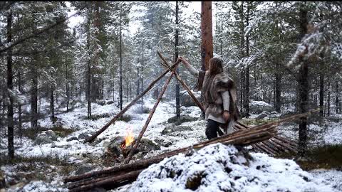 Bushcraft trip - snow, making tipi, reindeer sleeping bag, cooking meat on hot stone etc.