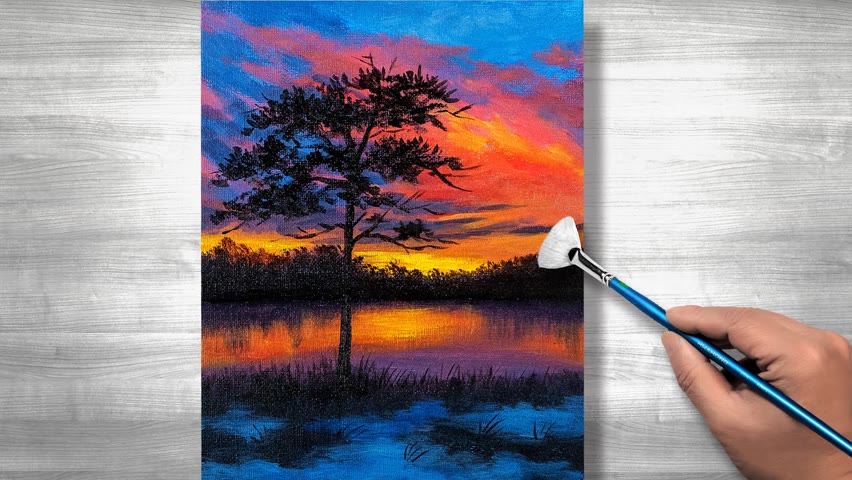 Sunset landscape painting | Acrylic painting | step by step | Daily art #232