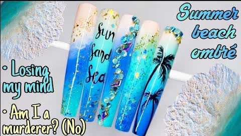 🏝 SUMMER BEACH OMBRE | Gel Polish Nail Art Design Tutorial | Ombré | Palm Tree Nails | Glitter