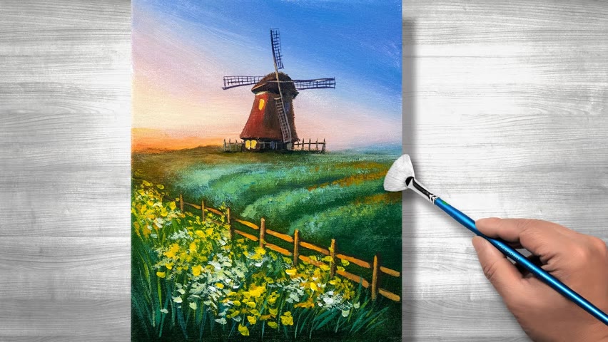 Sunrise windmill painting | Acrylic painting | step by step #261