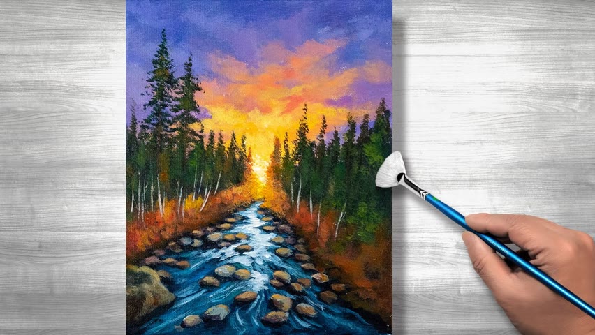 Sunset stream painting | Acrylic painting | Daily art #244
