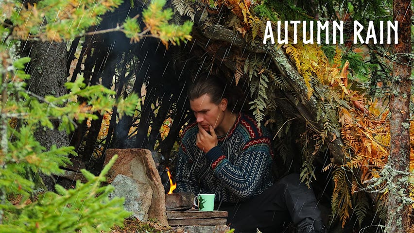 SOLO CAMPING in RAIN🍂Bushcraft Survival Shelter: Rain & Fire ASMR in Autumn