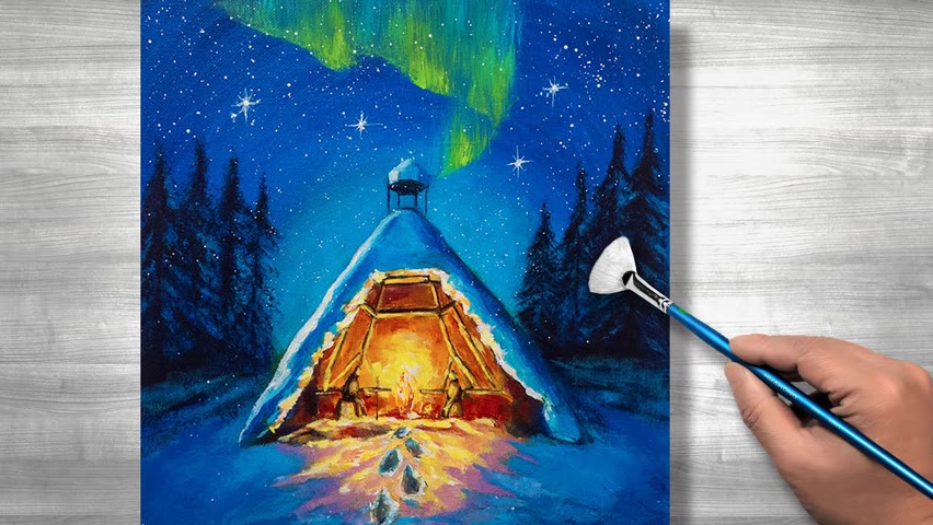 Acrylic Painting For Beginners/ Daily Art ＃23/ Aurora Camping