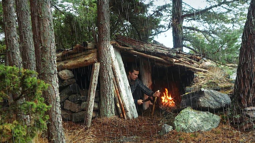 🌧️Camping in RELAXING RAIN: My Cozy Bushcraft Shelter on an Island (Rain Sounds ASMR)