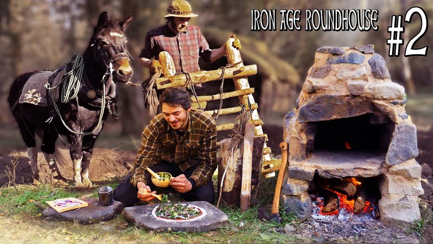 Bushcraft Roundhouse Build | Pulling Stones and Logs with MULE POWER & PIZZA (Ep.2)