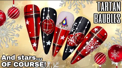 ❄️ Tartan Baubles | Snowflakes & Stars | Christmas Nail Art Design | Gel Polish | Black Red Gold