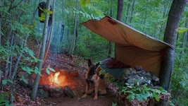 4 days solo bushcraft camp: Wild camping in the rain, wood bed, tarp shelter, woodworking PART: 1