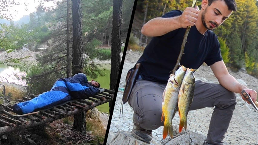 2 Days Solo Bushcraft Camp, Bushcraft Tree House, Fishing, Catch and Cook, Fox came to camp