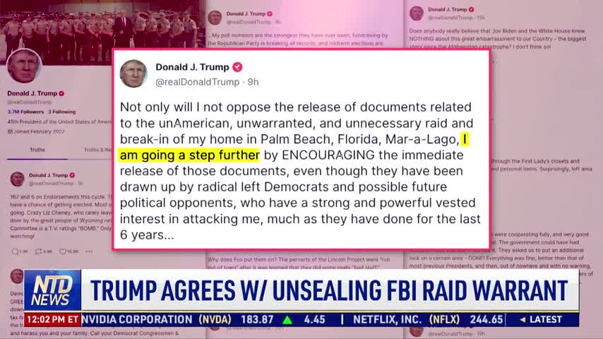 Trump Calls for ‘Immediate Release’ of FBI Raid Search Warrant