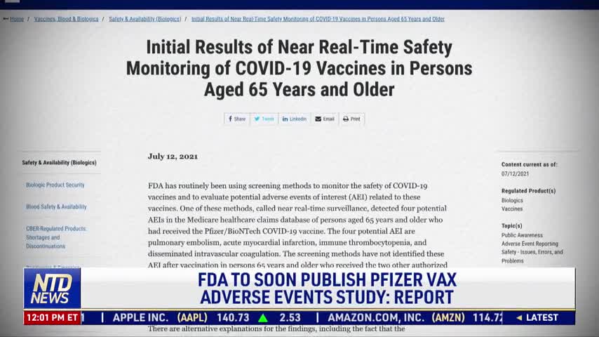 FDA Preparing to Publish Study on 4 Potential Adverse Events Following Pfizer Vaccination