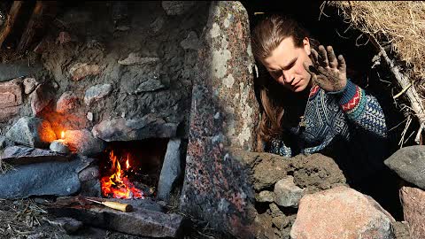 Building a Survival Shelter with FIREPLACE INSIDE: Clay Oven & Chimney