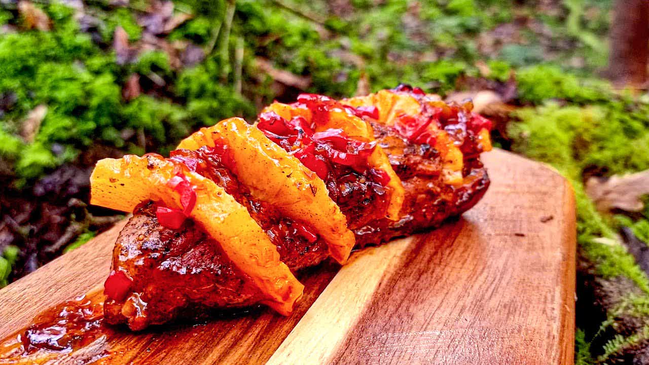 Sweet Pineapple Pork cooked in the middle of the forest! ASMR Relaxing cooking