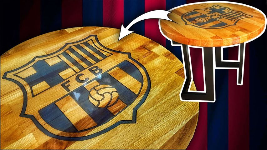 Handmade FC Barcelona Logo Table in Wood And Resin