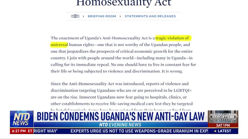 Biden Condemns Uganda's New Anti-Gay Law