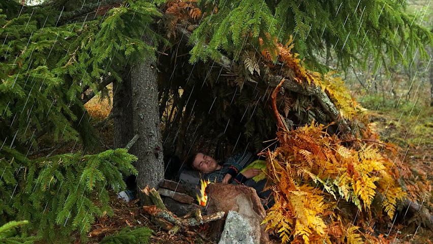 Rainy Autumn Camping in the Nordic Forest - Bushcraft Shelter #shorts