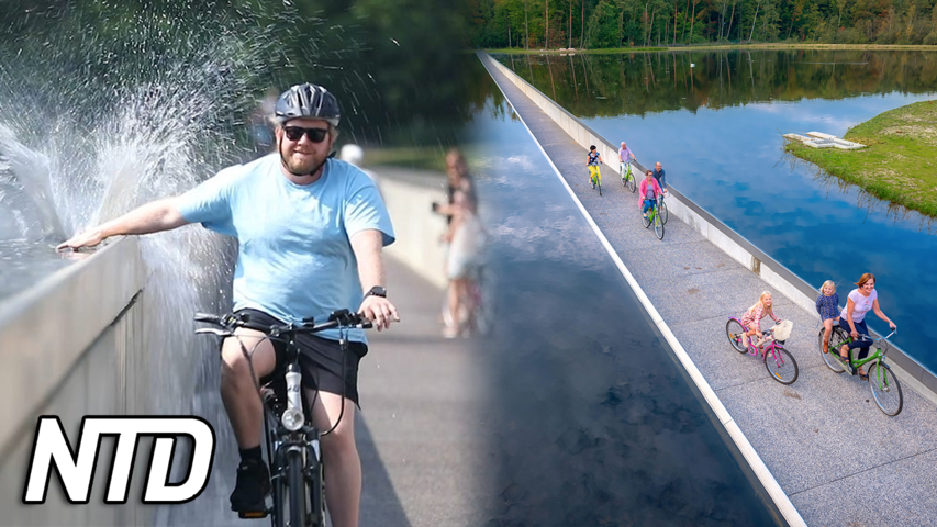 Cykla "under vatten" genom en belgisk sjö | NTD NYHETER