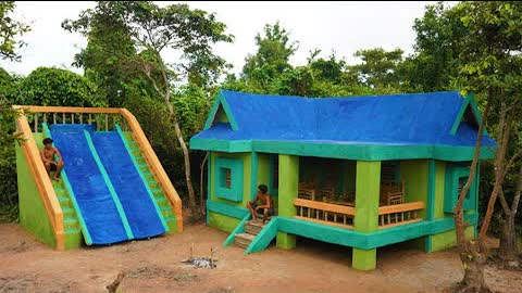 Build Creative Twins Water Slide Temple Design And Decoration House With Table And Chairs