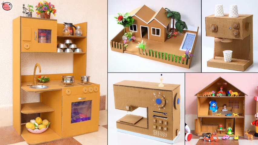 Repurpose/Recycling Cardboard Boxes into Creative Crafts | Miniature Kitchen Soda & Sewing Machine